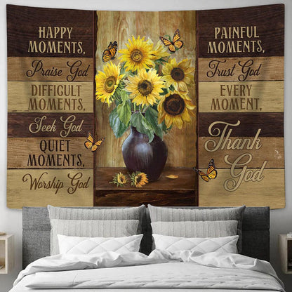 Happy Moment Praise God Sunflower Vase Butterfly Tapestry Prints - Religious Tapestry Art - Christian Home Decor