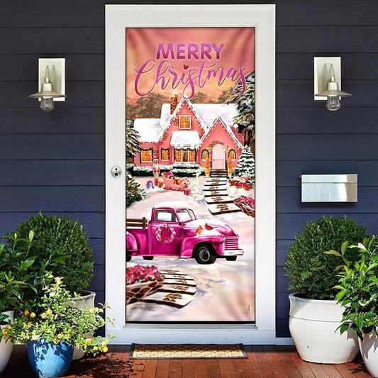 Happy Pink Christmas Door Cover, Door Christmas Cover, Christmas Door Knob Covers, Christmas Outdoor Decoration