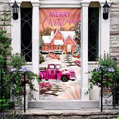 Happy Pink Christmas Door Cover, Door Christmas Cover, Christmas Door Knob Covers, Christmas Outdoor Decoration