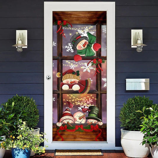 Happy Three Snowmen Door Cover, Door Christmas Cover, Christmas Door Knob Covers, Christmas Outdoor Decoration