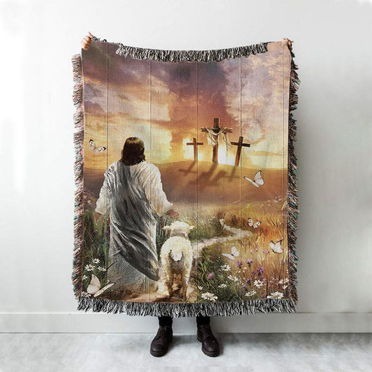 Have Faith On His Way Jesus Cross Lion Woven Throw Blanket - Christian Throw Blanket Decor - Religious Woven Blanket Prints
