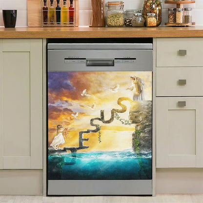 Have Faith Reaching His Hand Beautiful Girl Jesus Dishwasher Cover, Christian Dishwasher Stickers, Religious Kitchen Decor