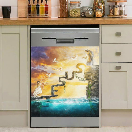 Have Faith Reaching His Hand Beautiful Girl Jesus Dishwasher Cover, Christian Dishwasher Stickers, Religious Kitchen Decor