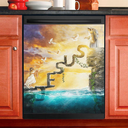 Have Faith Reaching His Hand Beautiful Girl Jesus Dishwasher Cover, Christian Dishwasher Stickers, Religious Kitchen Decor