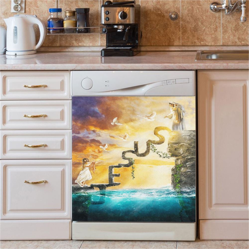Have Faith Reaching His Hand Beautiful Girl Jesus Dishwasher Cover, Christian Dishwasher Stickers, Religious Kitchen Decor