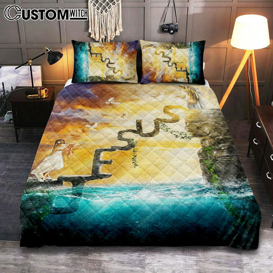 Have Faith Reaching His Hand Beautiful Girl Jesus Quilt Bedding Set Bedroom - Christian Bedroom Decor - Religious Quilt Bedding Set Prints