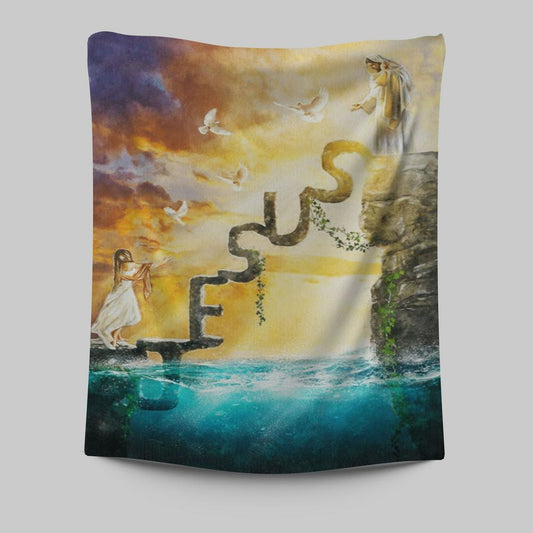 Have Faith Reaching His Hand Beautiful Girl Jesus Tapestry Wall Art - Christian Wall Art Decor - Religious Tapestries Wall Hanging Prints