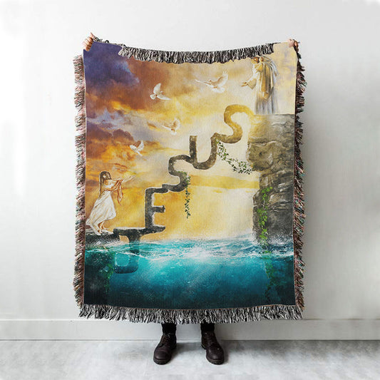 Have Faith Reaching His Hand Beautiful Girl Jesus Woven Throw Blanket - Christian Throw Blanket Decor - Religious Woven Blanket Prints