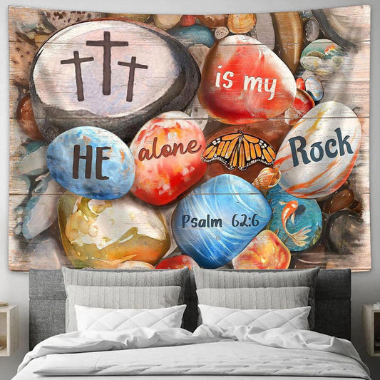 He Alone Is My Rock Beach Rock Cross Butterfly Tapestry Wall Art - Bible Verse Tapestry - Religious Tapestry Wall Hanging