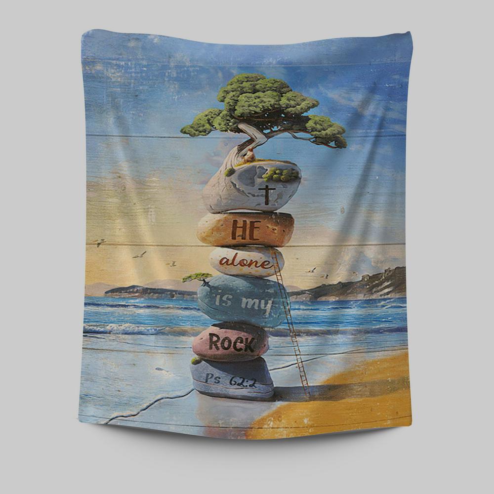He Alone Is My Rock Rock Cairn Bonsai Tapestry Art - Bible Verse Wall Art - Christian Inspirational Wall Decor