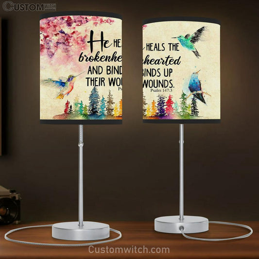 He Heals The Brokenhearted Psalm 1473 Bible Verse Table Lamb Gift - Christian Bedroom Decor
