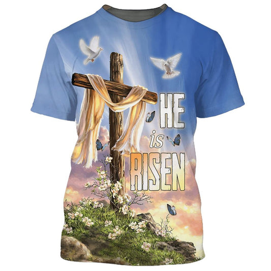 He Is Risen Cross Dove Easter Lily All Over Print 3D T-Shirt, Gift For Christian, Jesus Shirt