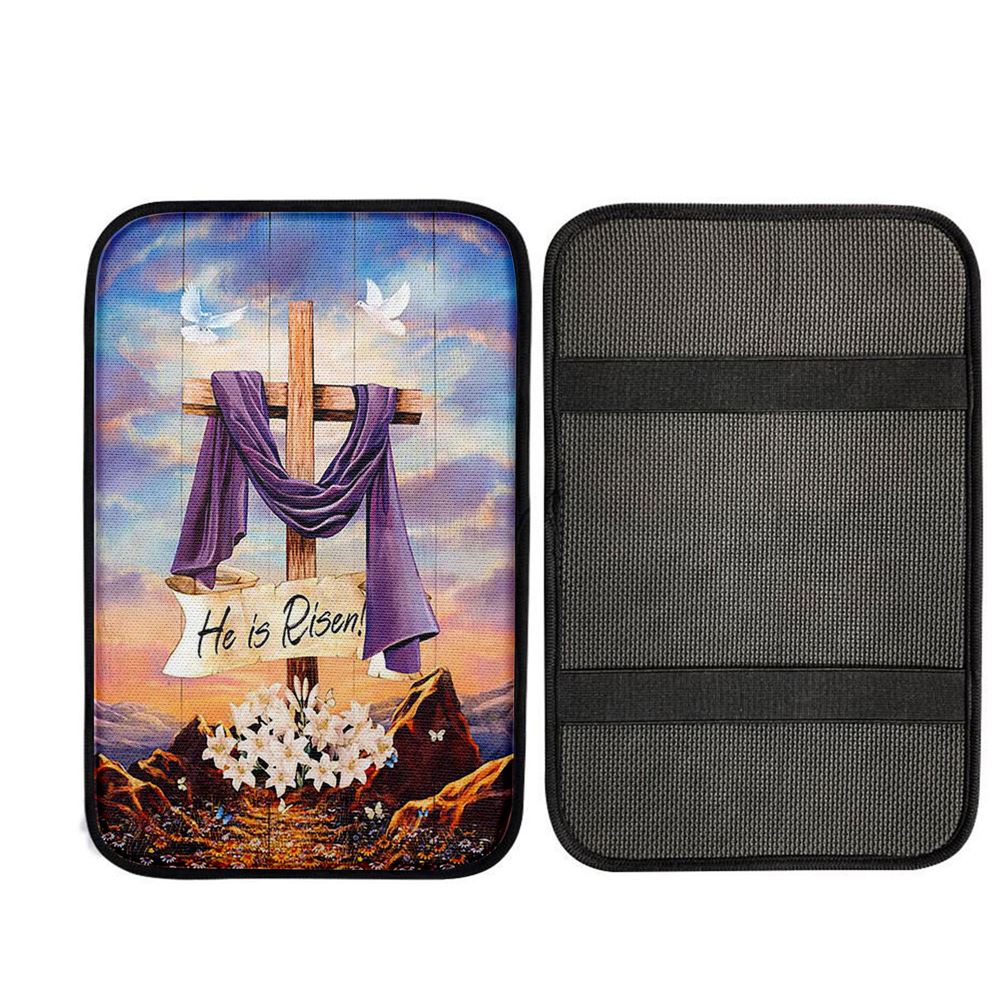 He Is Risen Cross Purple Ribbon Lily Flower Car Center Console Cover, Christ Car Armrest Accessories
