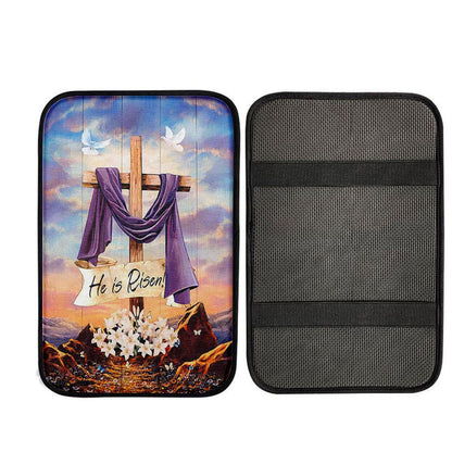 He Is Risen Cross Purple Ribbon Lily Flower Car Center Console Cover, Christ Car Armrest Accessories