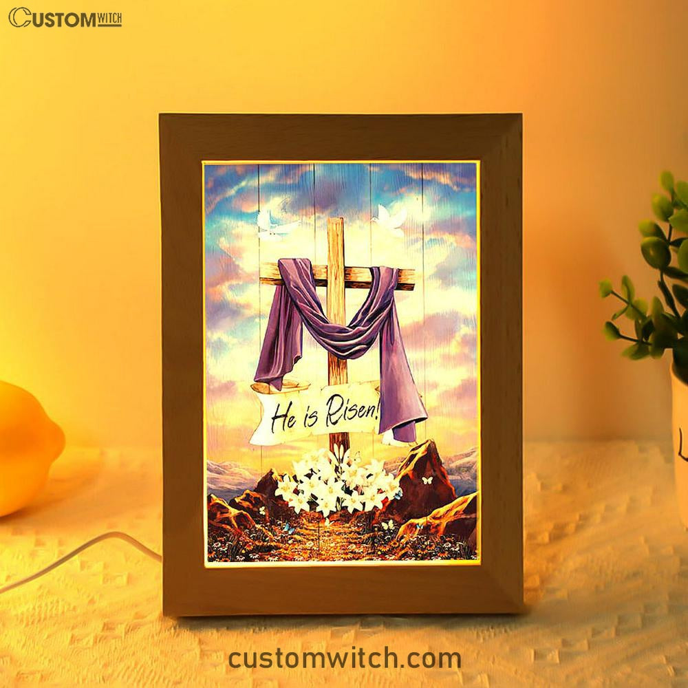 He Is Risen Cross Purple Ribbon Lily Flower Frame Lamp Art - Bible Verse Art - Christian Inspirational Decor