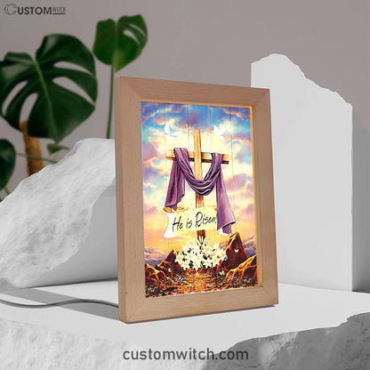 He Is Risen Cross Purple Ribbon Lily Flower Frame Lamp Art - Bible Verse Art - Christian Inspirational Decor
