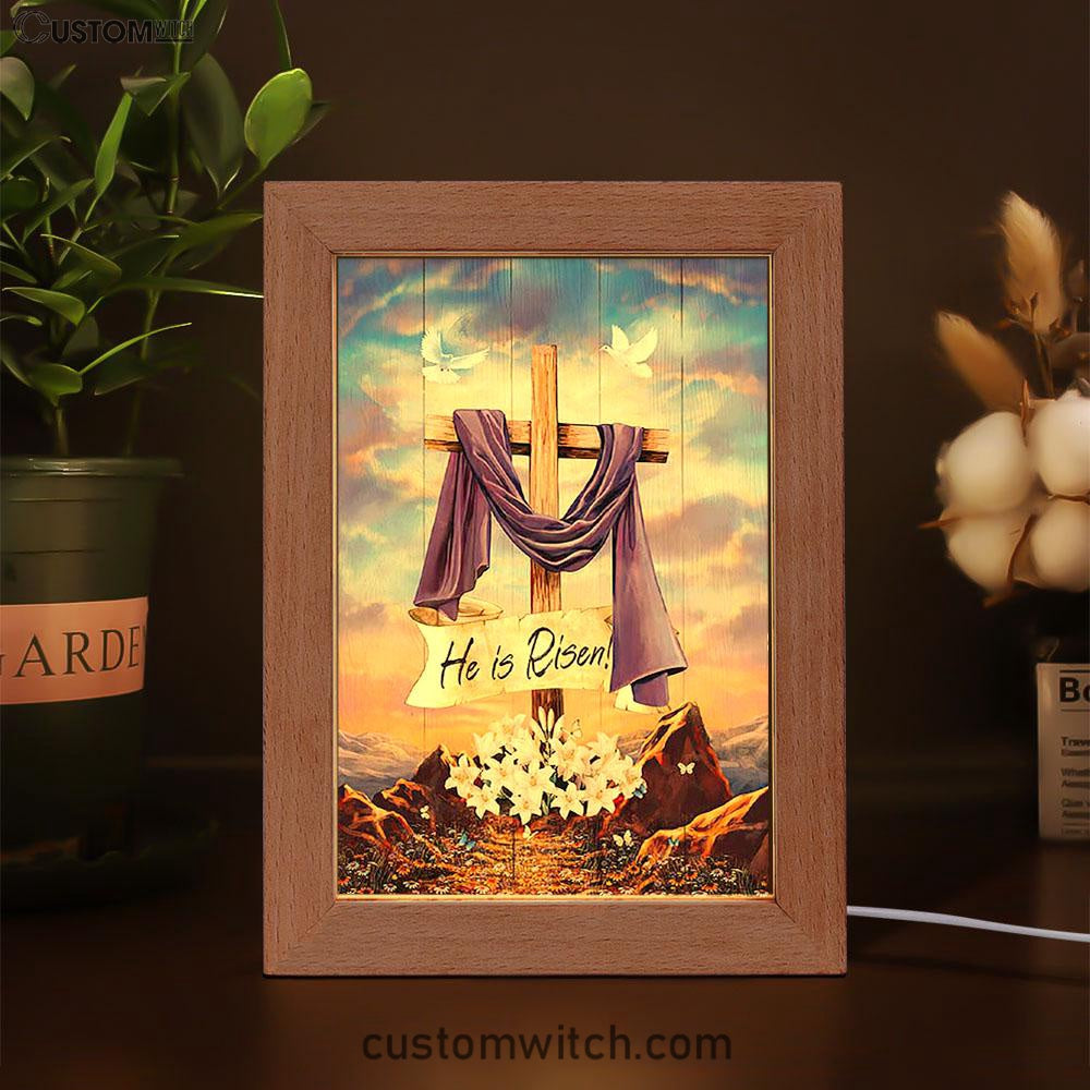 He Is Risen Cross Purple Ribbon Lily Flower Frame Lamp Art - Bible Verse Art - Christian Inspirational Decor