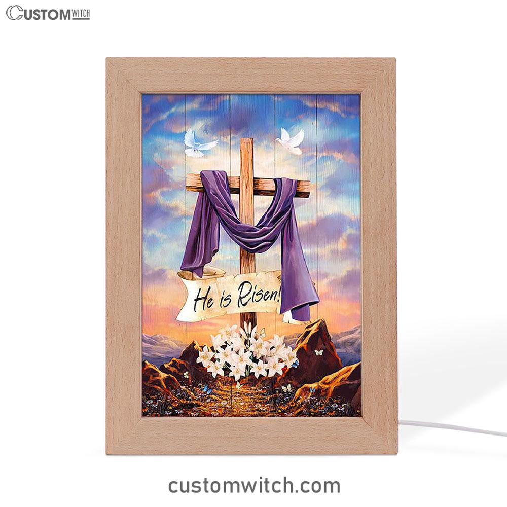 He Is Risen Cross Purple Ribbon Lily Flower Frame Lamp Art - Bible Verse Art - Christian Inspirational Decor