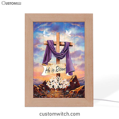 He Is Risen Cross Purple Ribbon Lily Flower Frame Lamp Art - Bible Verse Art - Christian Inspirational Decor