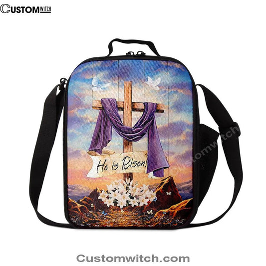 He Is Risen Cross Purple Ribbon Lily Flower Lunch Bag, Christian Lunch Bag, Religious Lunch Box For School, Picnic