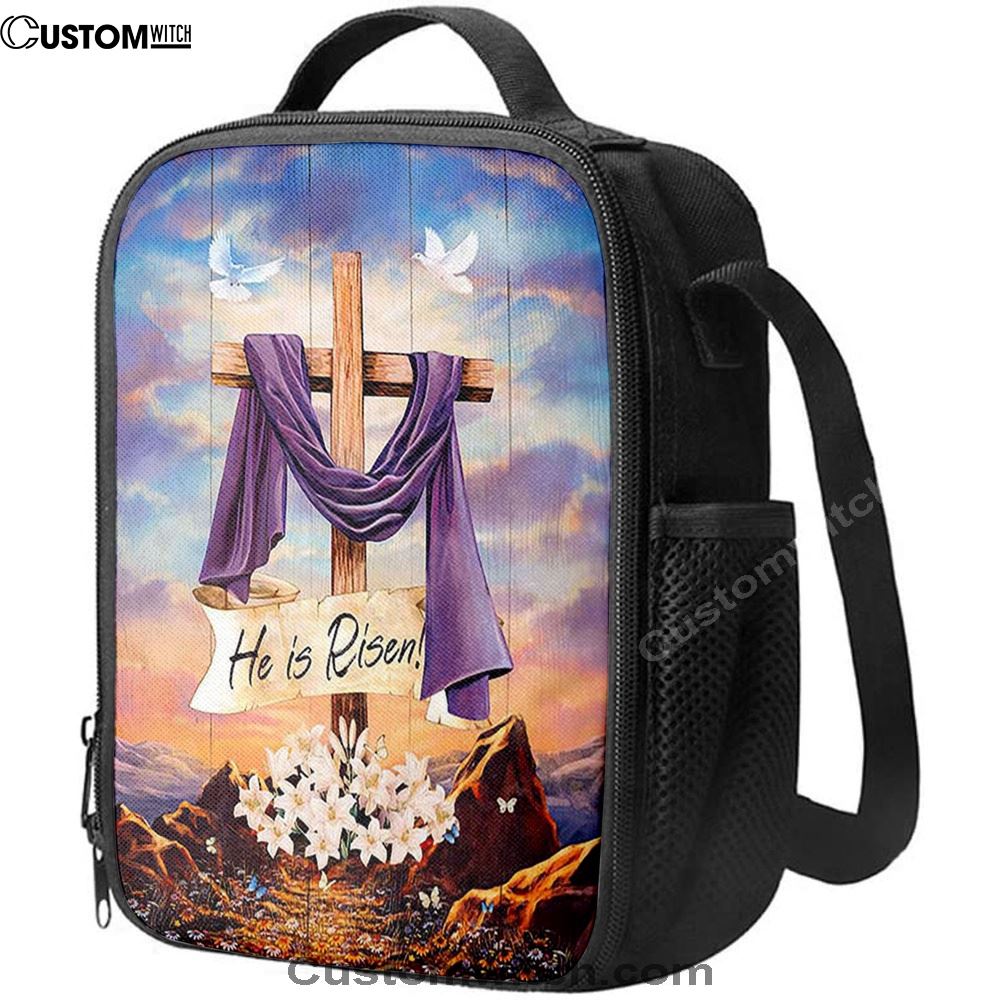 He Is Risen Cross Purple Ribbon Lily Flower Lunch Bag, Christian Lunch Bag, Religious Lunch Box For School, Picnic
