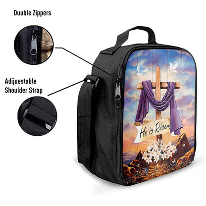 He Is Risen Cross Purple Ribbon Lily Flower Lunch Bag, Christian Lunch Bag, Religious Lunch Box For School, Picnic