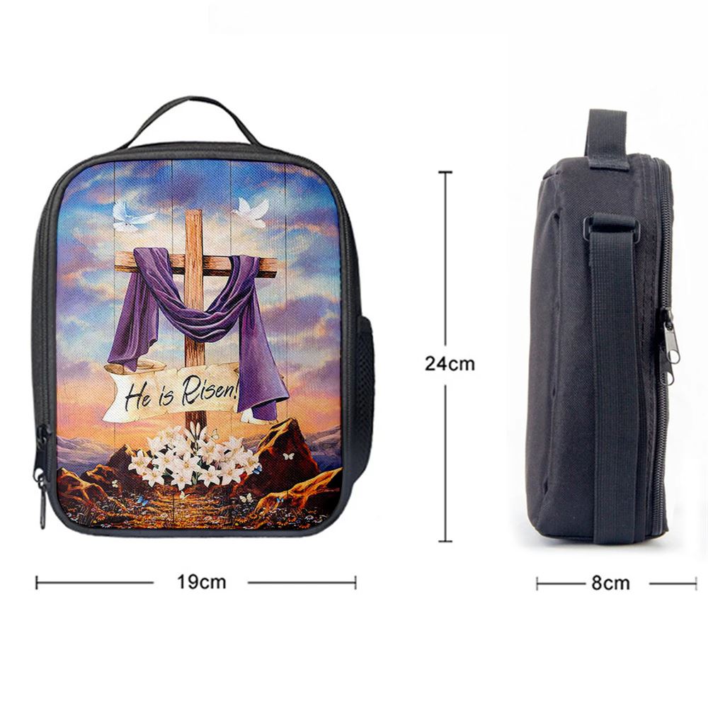 He Is Risen Cross Purple Ribbon Lily Flower Lunch Bag, Christian Lunch Bag, Religious Lunch Box For School, Picnic