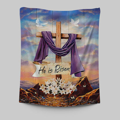 He Is Risen Cross Purple Ribbon Lily Flower Tapestry Art - Bible Verse Wall Art - Christian Inspirational Wall Decor