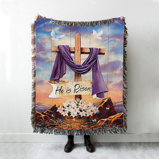 He Is Risen Cross Purple Ribbon Lily Flower Woven Blanket Art - Bible Verse Throw Blanket - Christian Inspirational Boho Blanket