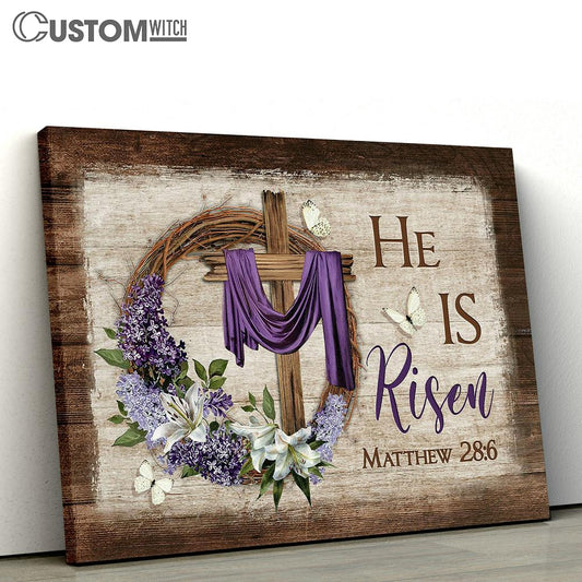 He Is Risen Cross White Butterfly Floral Wreath Purple Silk Canvas Wall Art - Bible Verse Canvas - Religious Prints