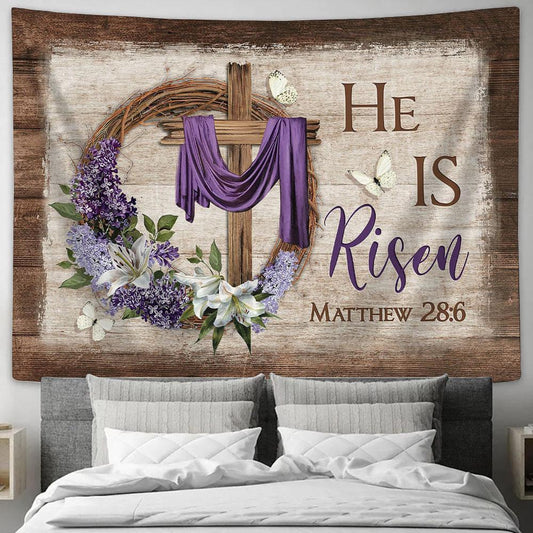 He Is Risen Cross White Butterfly Floral Wreath Purple Silk Tapestry Wall Art - Bible Verse Tapestry - Religious Tapestry Wall Hanging