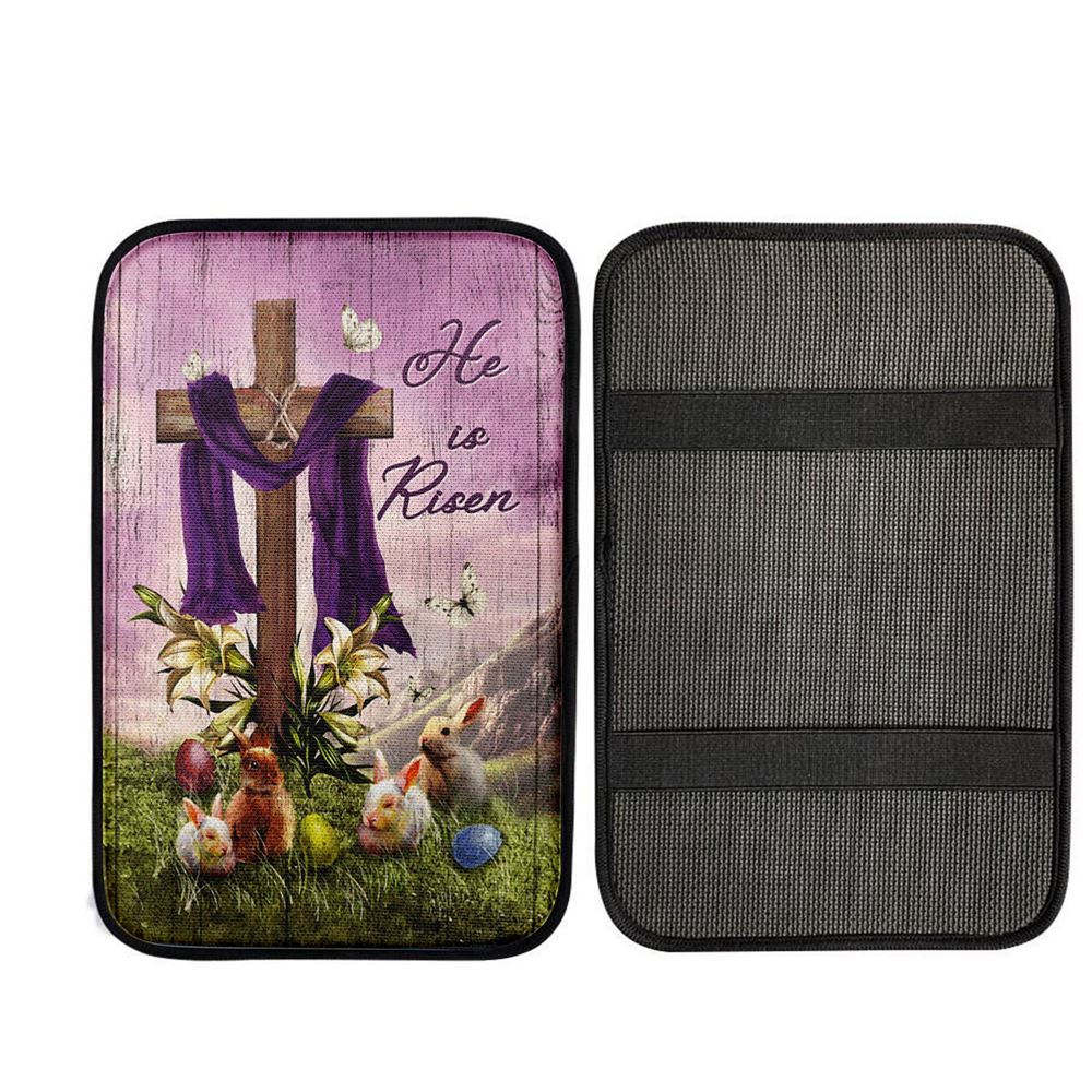 He Is Risen Easter Bunny Cross Lily Flower White Butterfly Purple Silk Car Center Console Cover, Christ Car Armrest Accessories