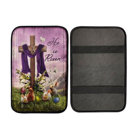 He Is Risen Easter Bunny Cross Lily Flower White Butterfly Purple Silk Car Center Console Cover, Christ Car Armrest Accessories