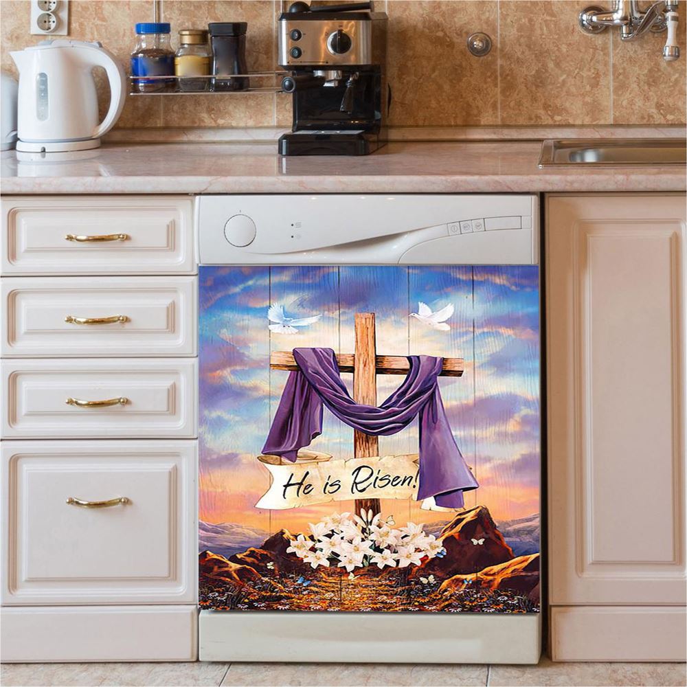 He Is Risen Easter Bunny Cross Lily Flower White Butterfly Purple Silk Dishwasher Cover, Bible Verse Dishwasher Stickers, Christian Kitchen Decor