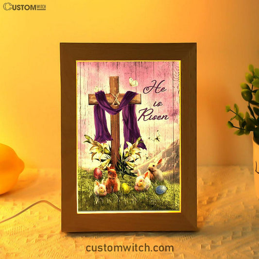He Is Risen Easter Bunny Cross Lily Flower White Butterfly Purple Silk Frame Lamp Art - Bible Verse Art - Christian Inspirational Decor