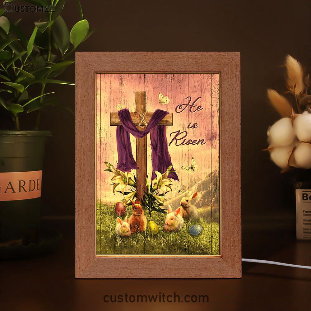 He Is Risen Easter Bunny Cross Lily Flower White Butterfly Purple Silk Frame Lamp Art - Bible Verse Art - Christian Inspirational Decor