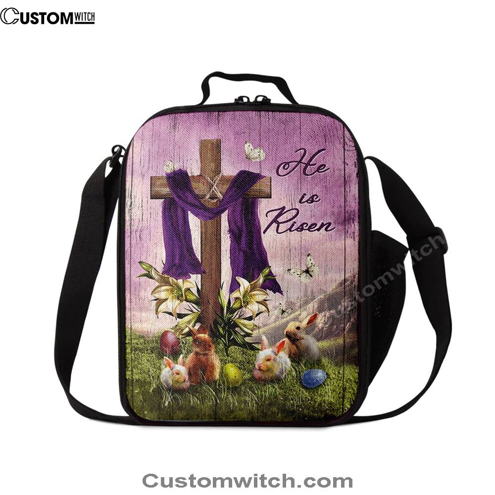 He Is Risen Easter Bunny Cross Lily Flower White Butterfly Purple Silk Lunch Bag, Christian Lunch Bag, Religious Lunch Box For School, Picnic
