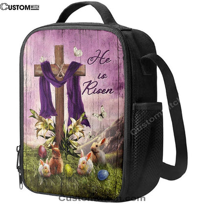 He Is Risen Easter Bunny Cross Lily Flower White Butterfly Purple Silk Lunch Bag, Christian Lunch Bag, Religious Lunch Box For School, Picnic