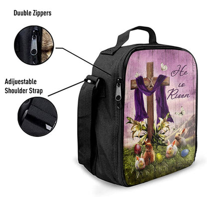 He Is Risen Easter Bunny Cross Lily Flower White Butterfly Purple Silk Lunch Bag, Christian Lunch Bag, Religious Lunch Box For School, Picnic
