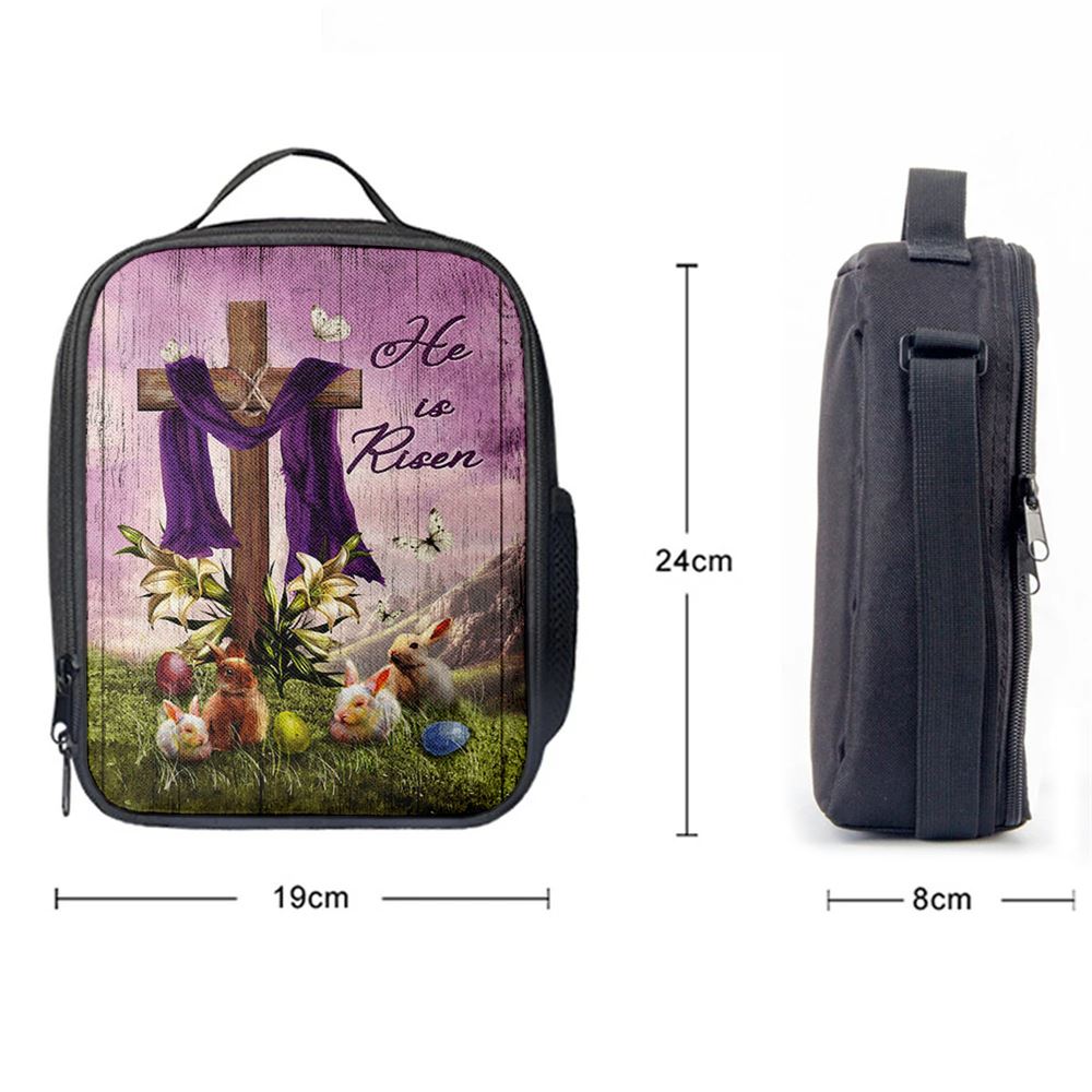 He Is Risen Easter Bunny Cross Lily Flower White Butterfly Purple Silk Lunch Bag, Christian Lunch Bag, Religious Lunch Box For School, Picnic