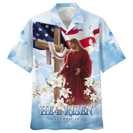 He Is Risen Jesus Cross With Lilies Christian Faith Easter Day Hawaiian Shirt For Men, Christian Hawaiian Shirt, Gift For Christian