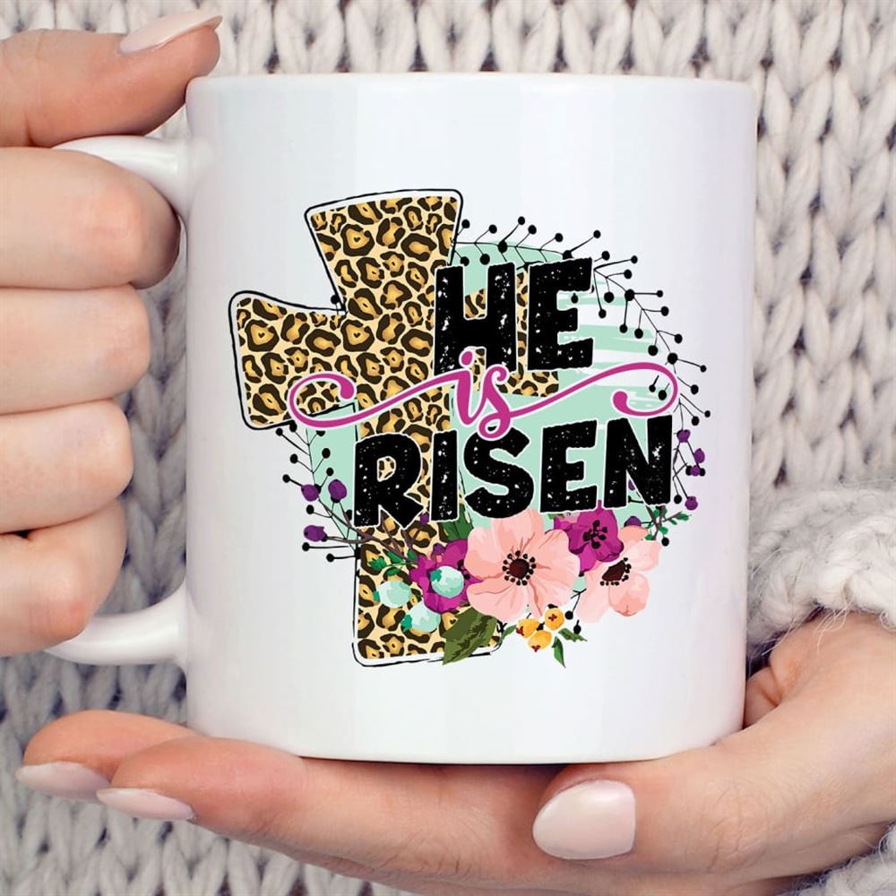 He Is Risen, Leopard Cross, Coffee Mug, Christian Mug, Bible Mug, Faith Gift, Encouragement Gift