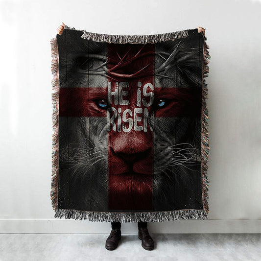 He Is Risen Lion Cross Woven Blanket Art - Bible Verse Throw Blanket - Christian Inspirational Boho Blanket