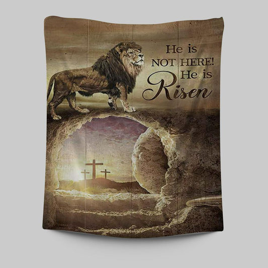 He Is Risen Tapestry - The Empty Tomb Lion Tapestry Art - Bible Verse Wall Art - Christian Inspirational Wall Decor