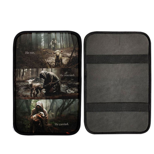 He Ran He Rescued He Carried Car Armrest Pad Car Center Console Cover, Christ Car Armrest Accessories