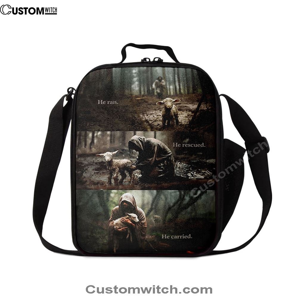 He Ran He Rescued He Carried Lunch Bag Poster, Jesus and Lost Sheep W, Christian Lunch Bag, Religious Lunch Box For School, Picnic