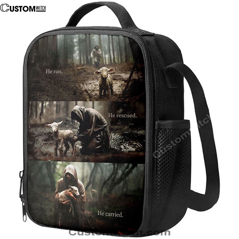 He Ran He Rescued He Carried Lunch Bag Poster, Jesus and Lost Sheep W, Christian Lunch Bag, Religious Lunch Box For School, Picnic