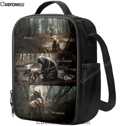 He Ran He Rescued He Carried Lunch Bag Poster, Jesus and Lost Sheep W, Christian Lunch Bag, Religious Lunch Box For School, Picnic