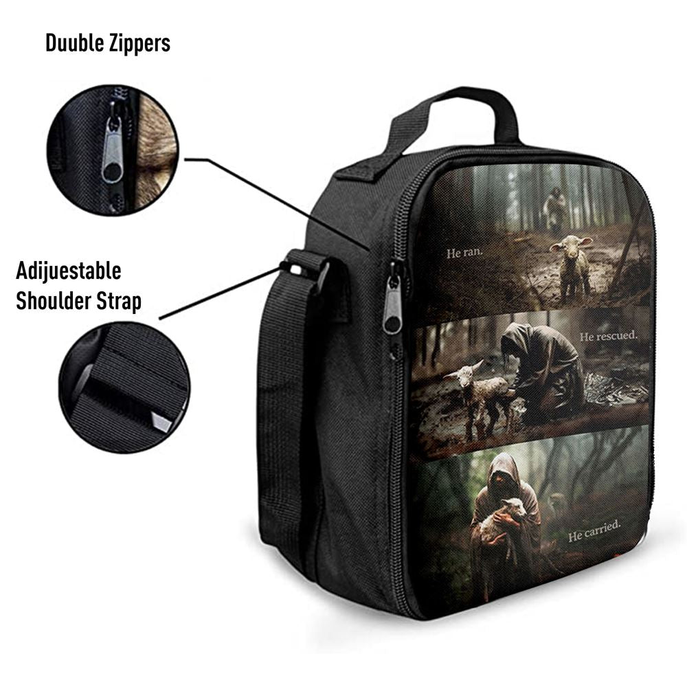 He Ran He Rescued He Carried Lunch Bag Poster, Jesus and Lost Sheep W, Christian Lunch Bag, Religious Lunch Box For School, Picnic