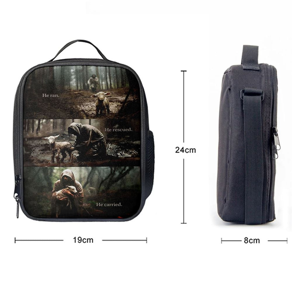 He Ran He Rescued He Carried Lunch Bag Poster, Jesus and Lost Sheep W, Christian Lunch Bag, Religious Lunch Box For School, Picnic